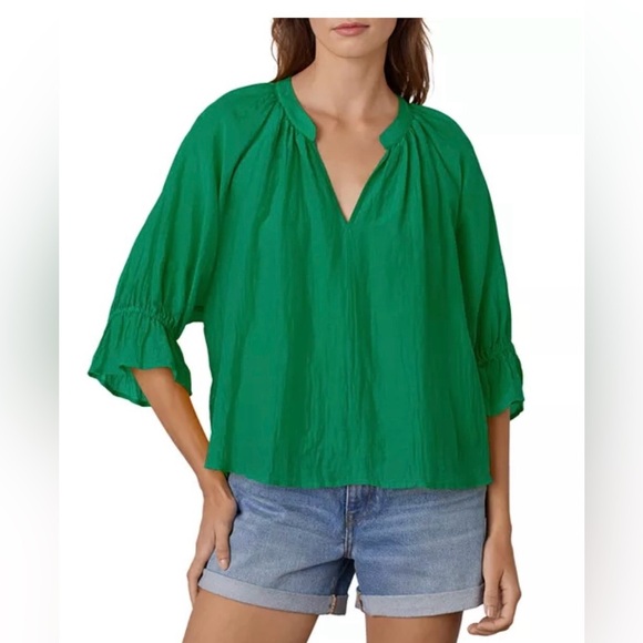 Velvet by Graham & Spencer Green Ruffled 3/4 Sleeve Blouse Top M Bohemian Boho - Picture 1 of 12